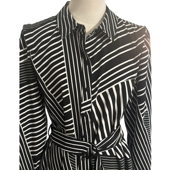 KARL LAGERFELD PARIS Striped Belted Shirtdress Black White Dress Work Party Sz 6 - Picture 4 of 9